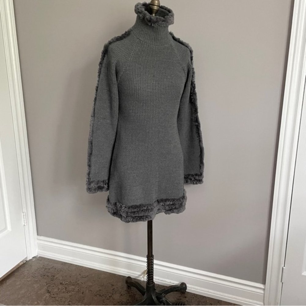 Frett Gray Wool Blend Fur Trimmed Turtleneck Tunic Sweater Mini Dress - S 🇨🇦 - Picture 12 of 13